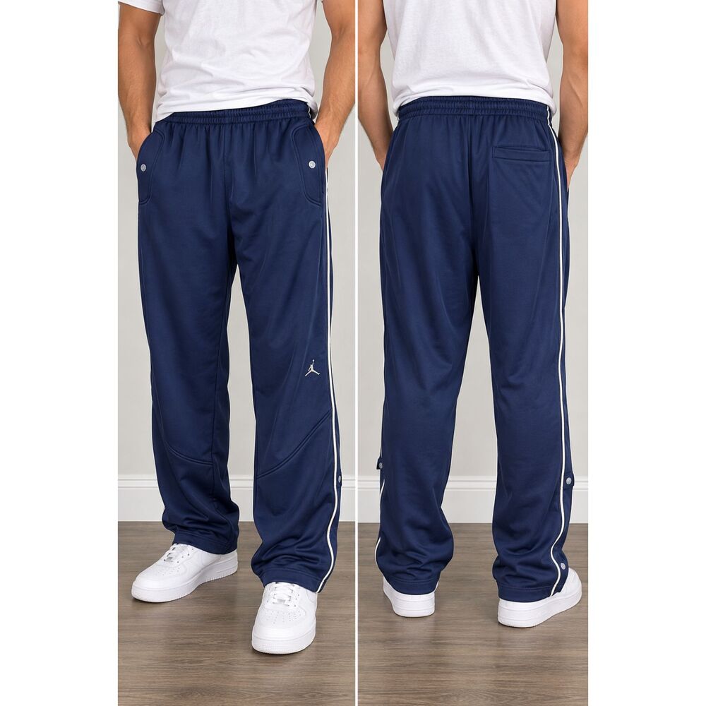 Jordan Mens L Navy Blue Track Pants White Piping Snap Button Basketball Warm Up